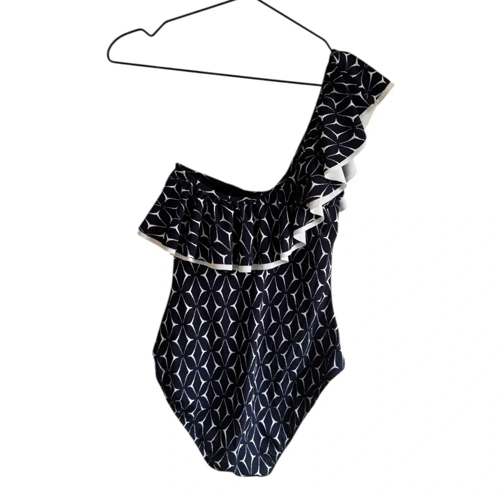 Profile‎ by Gottex Ruffle One Shoulder One Piece 10 Navy Blue White Swimsuit